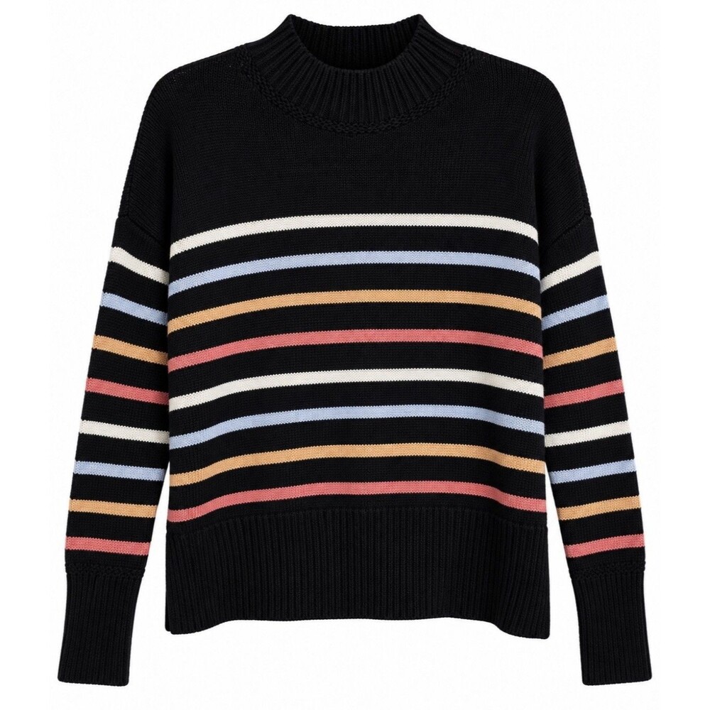 Joie Oversized Black Rainbow Striped Knit Sweater Small Cozy Classic Mock Neck